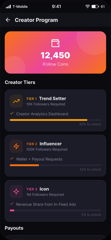 iFollow wallet and monetization screen